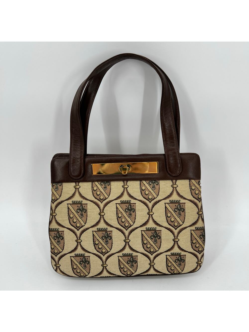 Vtg MCM BLOCK Hand Bag Purse Brown Leather Tapestry Coat of Arms Pattern Brass